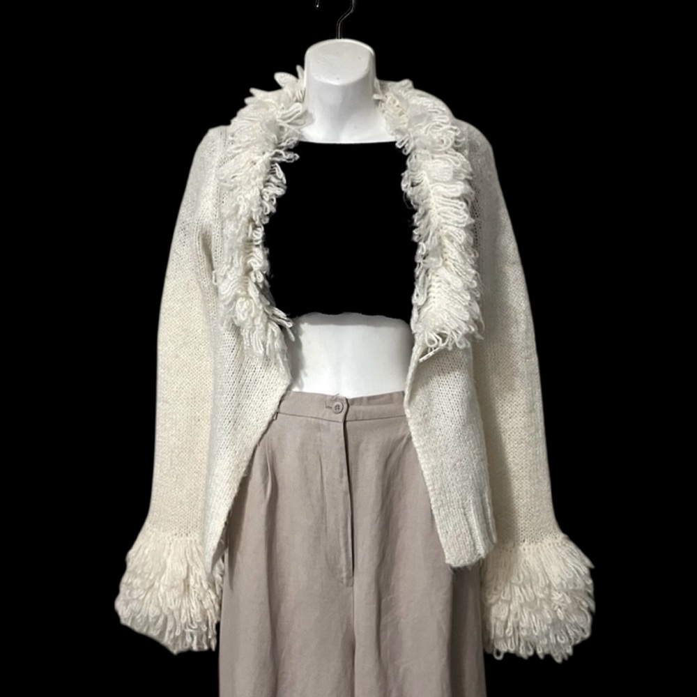K Ladtes Apparel Vintage Penny Lane Cream Long Sleeve Fringe Cardigan Sweater S